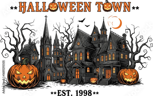 Halloween town spooky scene, gothic haunted buildings with pumpkins and bats, crescent moon night sky, eerie seasonal background, dark festive horror vector illustration