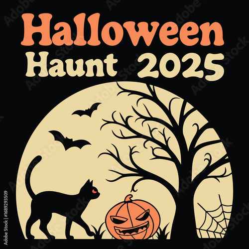  Fright Night 2025 Halloween Illustration,A hot air balloon shaped like a carved pumpkin drifting at night, retro vintage halloween illustration. halloween 2025
