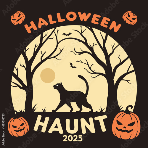  Fright Night 2025 Halloween Illustration,A hot air balloon shaped like a carved pumpkin drifting at night, retro vintage halloween illustration. halloween 2025