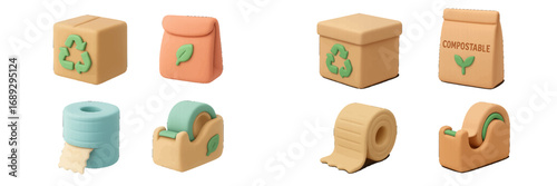 Eco friendly packaging icon set with 3D style elements including recyclable cardboard boxes, compostable bags, and sustainable packing tape dispensers