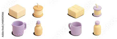 Isometric 3D icon set of crafting, sewing, and cosmetic objects like a thread spool, block, pitcher, and dropper bottle on a white background