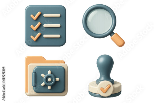 A collection of 3D business verification symbols including a checklist, magnifying glass, secure folder, and approval stamp for UI design