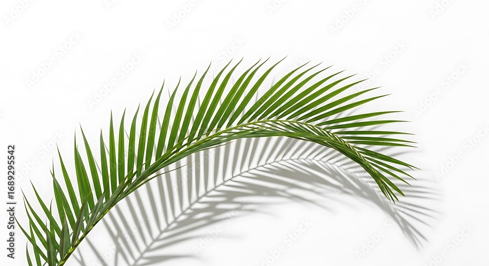 Obraz premium A vibrant green palm frond isolated on white background, casting a soft shadow, creating a minimalist tropical aesthetic