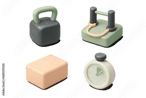 Isometric 3D fitness equipment icon set with kettlebell, push-up bars, yoga block, and stopwatch for gym and home workout concepts