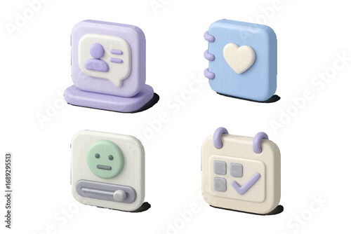 3D pastel icon set for user interface design including calendar, chat, mood tracker, and diary for mobile applications