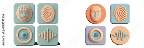 Set of 3D biometric identification icons with face recognition, fingerprint scanner, voice authentication, and iris scan for security and technology concepts