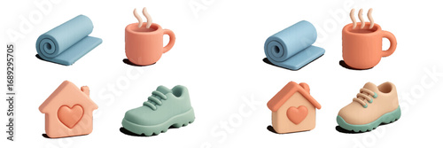 Set of 3D icons representing wellness and lifestyle concepts including a yoga mat, coffee mug, house with a heart, and a running shoe