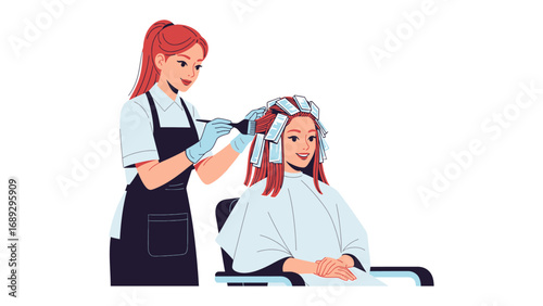 Skilled hairstylist carefully applies hair dye to client s hair using rollers for a vibrant new color transformation