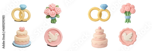 Set of cute 3D wedding icons in a plasticine style including rings, cake, bouquet, and dove for romantic celebration design