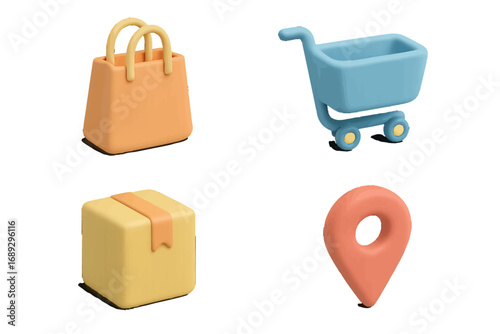 3D shopping icon set with bag, cart, delivery box, and location pin for e-commerce and online retail applications