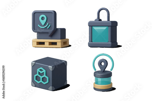 Set of modern 3D icons for logistics, technology, and security concepts including location tracking, blockchain, and data protection