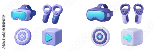 3D virtual reality icon set with VR headset, controllers, target, and play button for gaming and metaverse applications