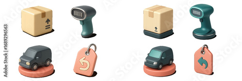 3D icon set for e-commerce and logistics with package, barcode scanner, delivery van, and return tag symbols for online shopping