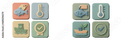 Set of 3D icons for sustainable fishing and seafood industry with symbols for quality certification, temperature control, and eco-friendly transport