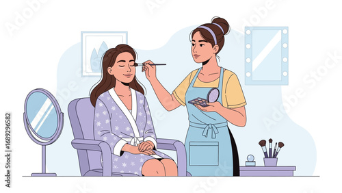 Professional makeup artist applying cosmetics to a woman sitting in a chair in a brightly lit room