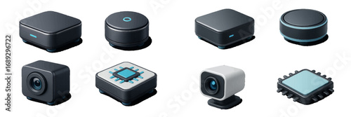 Isometric technology icon set with smart home devices, webcam, and computer processor chip on a white background