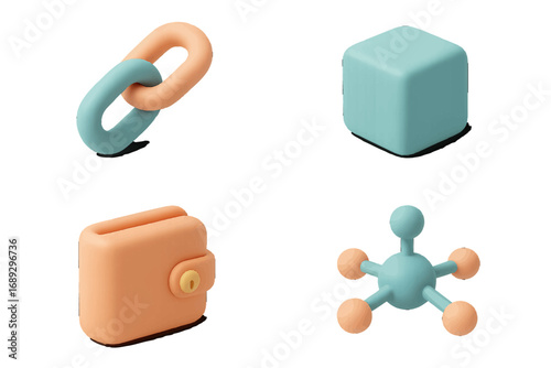 Collection of 3D icons for blockchain technology, cryptocurrency finance, and decentralized networks featuring link, block, and wallet symbols