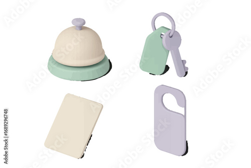 Isometric hotel service icon set with reception bell, room key, key card, and do not disturb door hanger for hospitality concepts