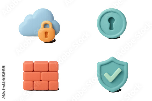 Set of modern 3D icons for internet security concepts like cloud data protection, firewall, access lock, and safety shield