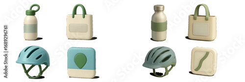 Modern icons representing sustainable travel and an eco-friendly lifestyle with a reusable water bottle, tote bag, bicycle helmet, and map navigation symbols