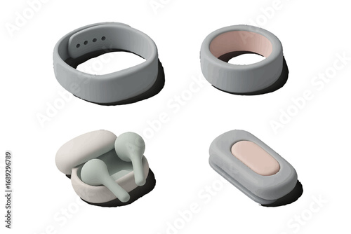 Set of modern wearable technology with a fitness tracker, smart ring, and wireless earbuds on an isolated white background