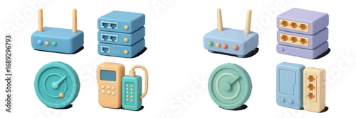 3D icon set of technology and network devices including a Wi-Fi router, modem, switch, and data terminal in soft pastel colors isolated on a white background
