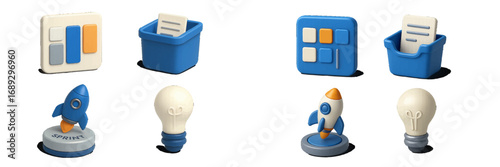 Modern 3D icons for business and technology representing agile sprint, kanban board, backlog management, and lightbulb idea symbols for user interface design