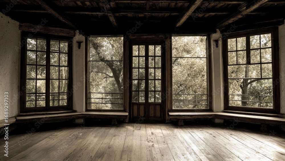 Fototapeta premium An empty room with large windows overlooking a garden
