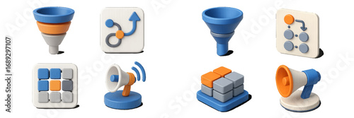 Collection of isometric business and marketing icons featuring a sales funnel, strategy workflow, data blocks, and promotion megaphone