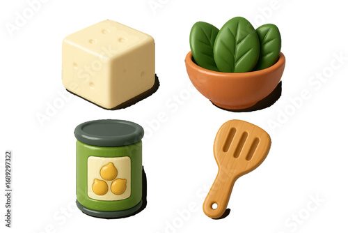 Collection of 3D food and cooking elements with cheese cube, spinach bowl, canned chickpeas, and wooden spatula for kitchen concepts