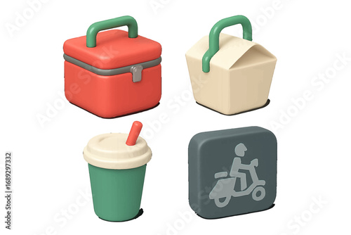 3D food delivery icon set with courier scooter, takeout container, cooler bag, and beverage cup for online ordering service