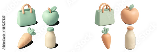 3D grocery icons set with shopping bag, apple, carrot, and milk bottle in pastel colors isolated on white background