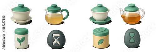 3D tea ceremony icon set with teapot, gaiwan teacup, tea caddy, and timer for brewing isolated on a white background