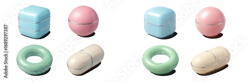 Collection of modern 3D geometric containers in soft pastel colors with cube, sphere, torus, and capsule shapes for product packaging mockups