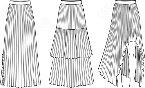 Pleated midi skirts technical drawing, high low hem, layered skirt flat sketch, fashion cad design, vector illustration template