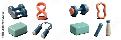 Collection of modern fitness equipment for home gym workouts including dumbbells, resistance bands, jump rope, and yoga block for exercise and training