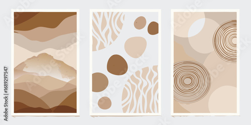 Abstract minimalist triptych wall art with earthy tones and organic shapes in warm brown and beige palette