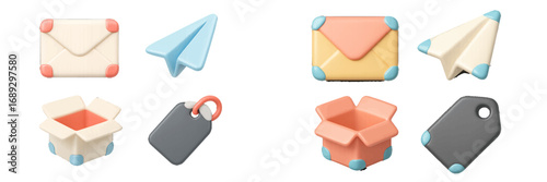 Volumetric icon collection featuring mail envelopes, paper airplanes, open delivery boxes, and price tags for online shopping and communication