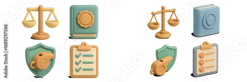 Detailed 3D icons for legal and compliance themes including justice scales, law book, whistleblower protection shield, and policy checklist