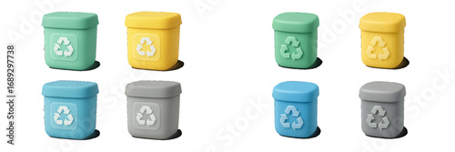 Colorful 3D recycling bins for waste sorting and management isolated on a white background for environmental conservation concepts