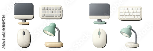 Minimalist 3D office equipment icons including a computer monitor, keyboard, mouse, and desk lamp in soft pastel colors for a modern workspace