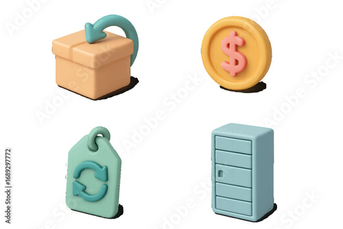 Modern 3D icon set for e-commerce and business applications featuring symbols for product returns, finance, resale, and data storage