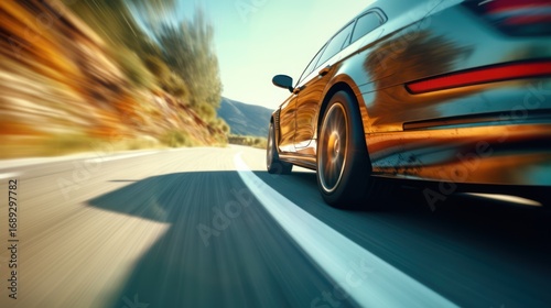 A sleek, black sports car driving on a winding road with mountains in the background.
