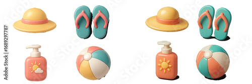 Summer beach vacation accessories icon set with sun hat, flip-flops, sunscreen lotion, and inflatable ball isolated on a white background