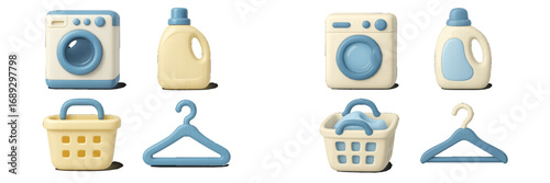 3D laundry icon set with washing machine, detergent bottle, laundry basket, and clothes hanger for household cleaning concepts