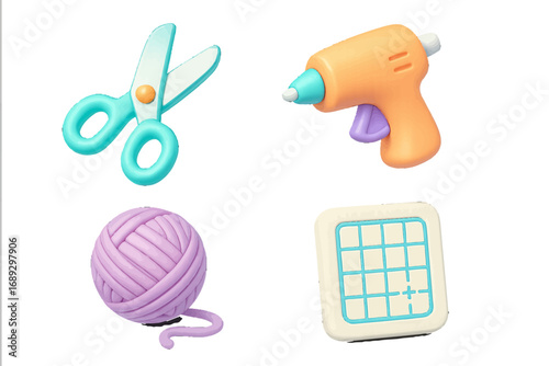 Set of 3D craft supply icons with scissors, hot glue gun, ball of yarn, and cutting mat for creative DIY projects and hobbies
