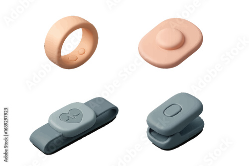 Isometric set of wearable health trackers including a smart ring, pulse oximeter, and heart rate monitor for fitness and medical monitoring