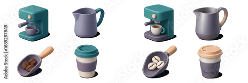 Isometric 3D coffee equipment icon set with espresso machine, milk pitcher, coffee beans in a scoop, and a reusable travel mug isolated on a white background
