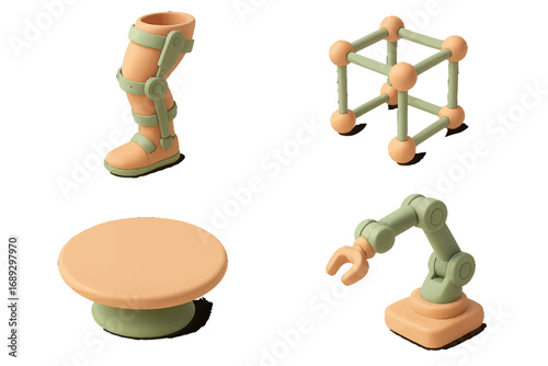 Set of technology and science icons including a robotic arm, prosthetic leg brace, molecular structure, and product pedestal for engineering and medical concepts