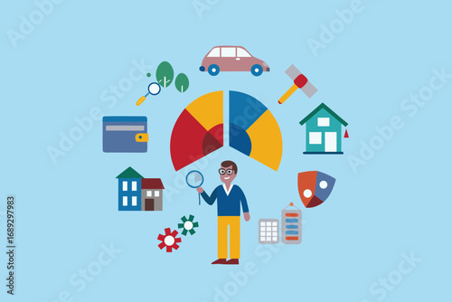 Man with magnifying glass investigating financial and property assets around a pie chart